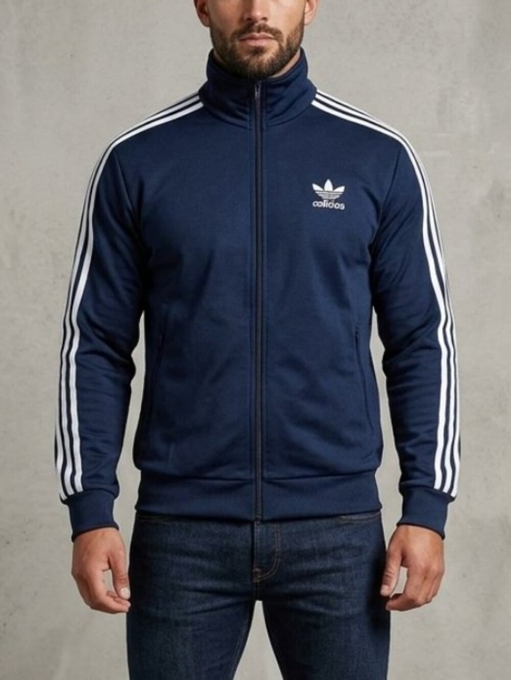 Adidas Navy Blue Track Jacket with White Three-Stripes Down Arms